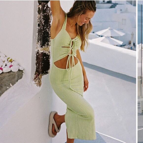 Sabo Skirt Mea Lace Up Green Bodycon Cut Out Midi Dress - Picture 4 of 10